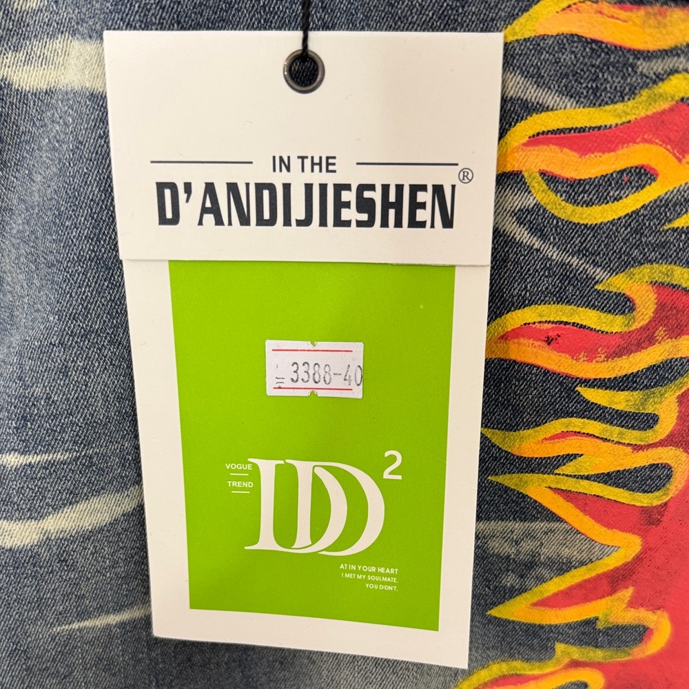 Amiri IDD Stylish Men's Jeans with Red and Yellow Flame Design Size 40 - Picture 4 of 11